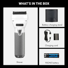 List of items included in a box with a shaver, battery-charging stand, charging cord, and FXONE battery.