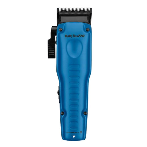 “Close-up of blue titanium MIM fade blade with built-in oil reservoir on Lo-ProFX clipper.”

