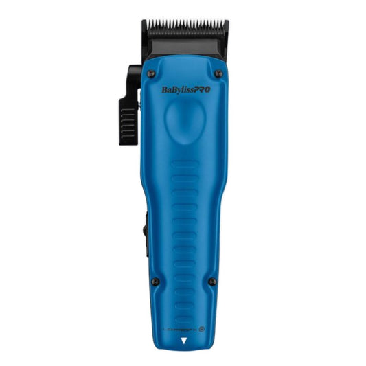 “Close-up of blue titanium MIM fade blade with built-in oil reservoir on Lo-ProFX clipper.”

