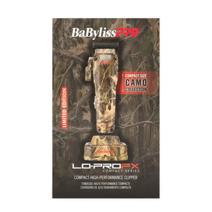 BaBylissPRO LO-PROFX compact hair clipper packaging with camouflage design on a white background
