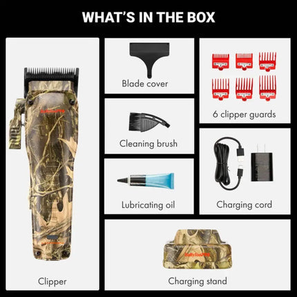 BaBylissPRO Camo LO-PROFX Compact Clipper (Limited Edition) List of items included in a hair clipper package with images and text labels.