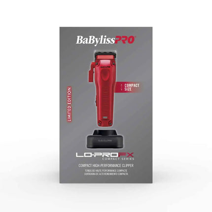 BaBylissPRO Lo-Pro FX Compact Series clipper in red, shown on its retail box against a light gray background. The packaging features the BaBylissPRO logo, a graphic of the red clipper on a stand, and text indicating 'Limited Edition' and 'Compact Size'.