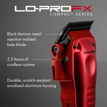 Red and black BalbyLiss Pro compact series cordless hair clipper shown on a dark gray background with feature callouts and text including 'Black titanium metal injection molded fade blade' and '2.5 hours of cordless runtime'.