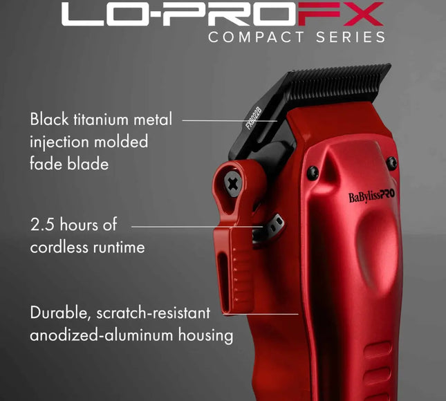 Red and black BalbyLiss Pro compact series cordless hair clipper shown on a dark gray background with feature callouts and text including 'Black titanium metal injection molded fade blade' and '2.5 hours of cordless runtime'.