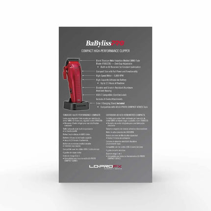 A tall gray product information card for the BabylissPRO Compact High-Performance Clipper, featuring a red handheld clipper pictured on the left and extensive white technical specifications and feature callouts on the right.