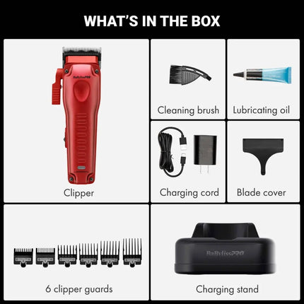 A product box contents graphic titled "WHAT'S IN THE BOX" showing a red hair clipper, cleaning brush, lubricating oil, charging cord, blade cover, six clipper guards, and a black charging stand on a white grid with a black header.