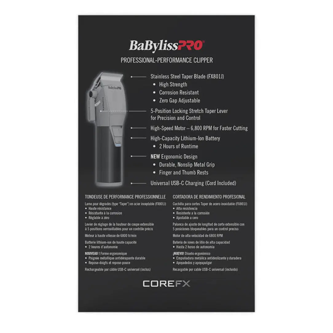 BaBylissPRO® COREFX Clipper – 6,800 RPM, USB-C, 2-Hour Runtime BaByliss