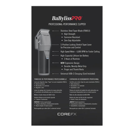 BaBylissPRO® COREFX Clipper – 6,800 RPM, USB-C, 2-Hour Runtime BaByliss