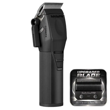 A black BabylissPRO CoreX cordless clipper shown upright on a white background, with a small inset showing the upgraded blade packaging and blade detail.