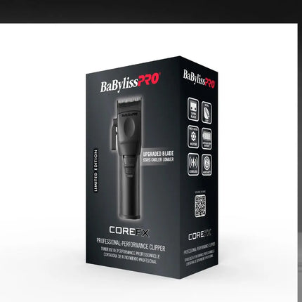 BabylissPRO CoreFX Professional Performance Clipper retail packaging box, shown at a three-quarter angle on a white background.