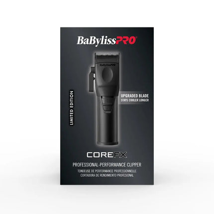 BaBylissPRO CoreFX Professional Performance Clipper in its retail packaging, featuring a black clipper graphic on a dark gray box with white and red branding.