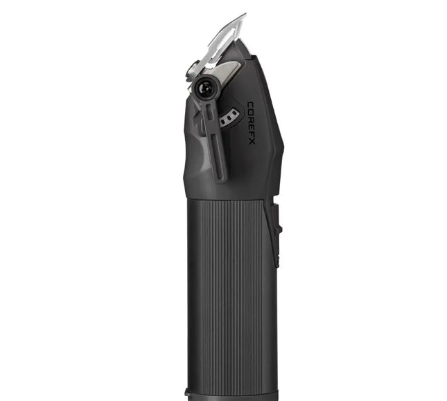 A black CorEx X electric knife sharpener shown from a side profile view against a solid white background.