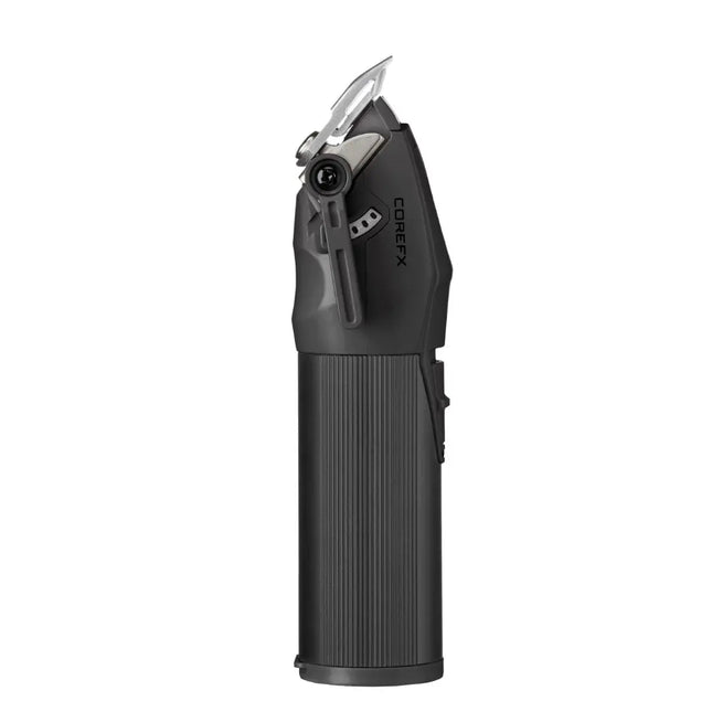 A black CorEx X electric knife sharpener shown from a side profile view against a solid white background.