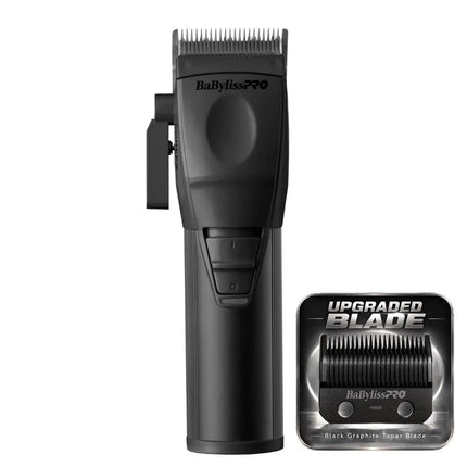 BabylissPRO hair clipper shown upright on a white background, with a small inset showing the upgraded blade packaging and blade detail.