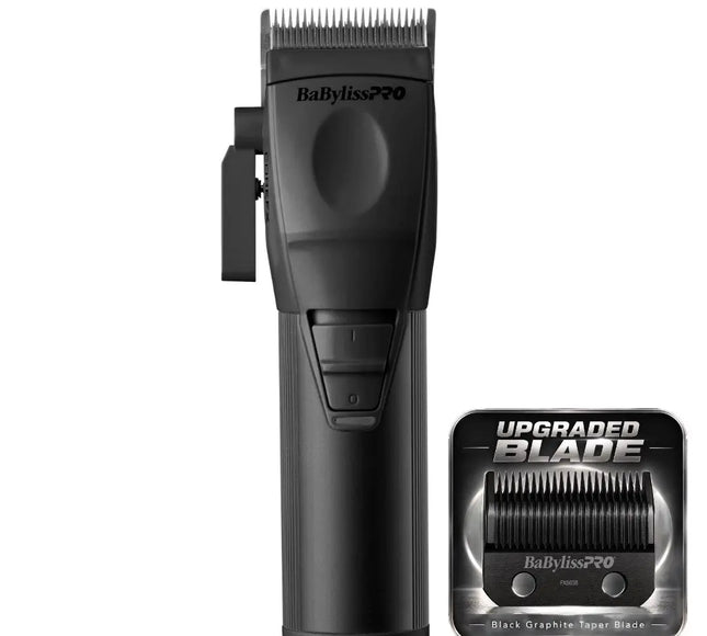 BabylissPRO hair clipper shown upright on a white background, with a small inset showing the upgraded blade packaging and blade detail.