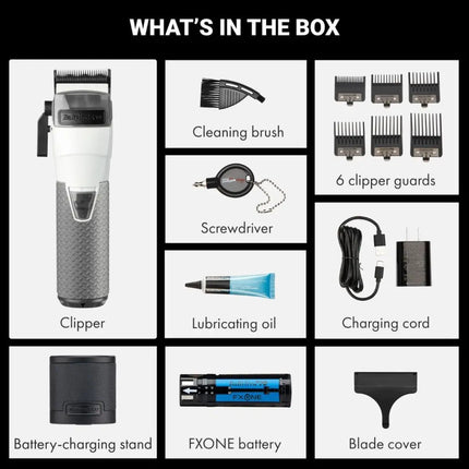 BaBylissPRO FXONE Clipper Frostbyte Limited Edition List of items included in a hair clipper package with images and text labels.