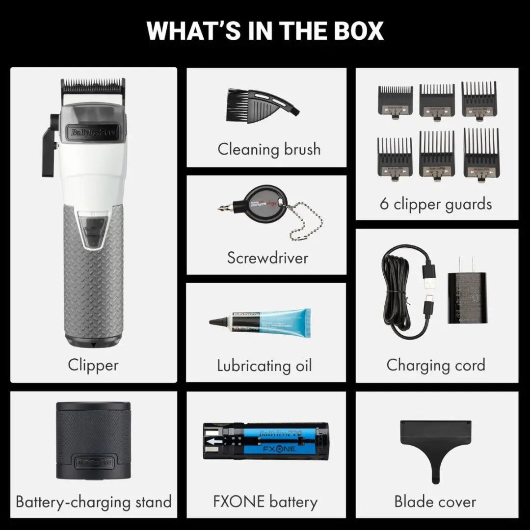 BaBylissPRO FXONE Clipper Frostbyte Limited Edition List of items included in a hair clipper package with images and text labels.