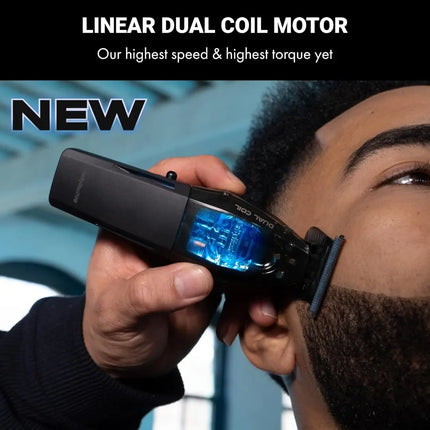 Person using a hair trimmer with 'Linear Dual Coil Motor' technology, highlighting speed and torque.