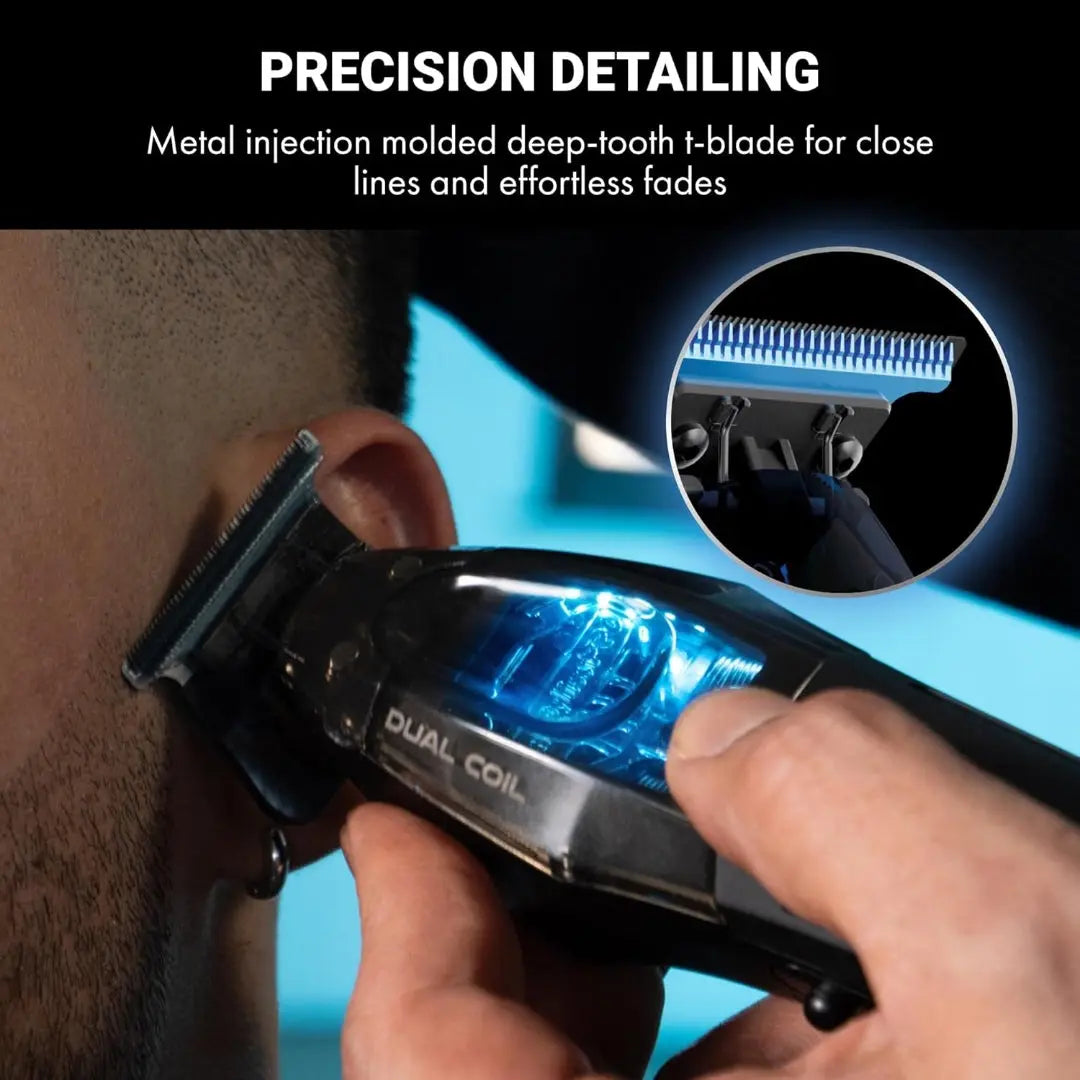 BaBylissPRO Dual Coil Trimmer Professional Cordless Hair Trimmer Shaving tool with close-up of blade and text about precision detailing.