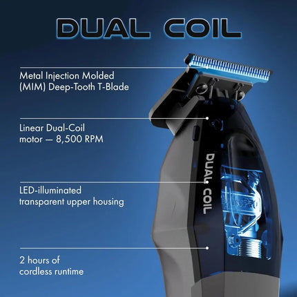 BaBylissPRO Dual Coil Trimmer Professional Cordless Hair Trimmer Hair trimmer with features highlighted on a blue background