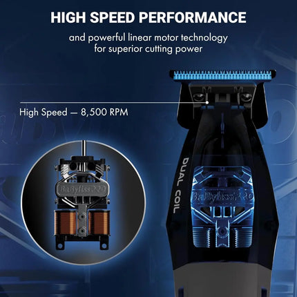 BaBylissPRO Dual Coil Trimmer Professional Cordless Hair Trimmer Hair trimmer with high-speed performance and linear motor technology on a blue background