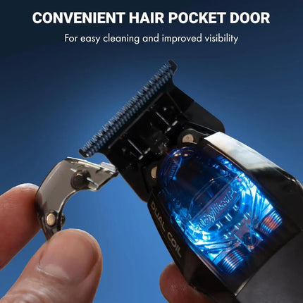 BaBylissPRO Dual Coil Trimmer Professional Cordless Hair Trimmer Hair trimmer with a convenient hair pocket door feature on a blue background