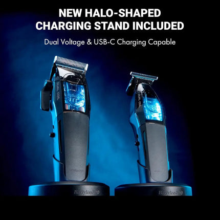 BaBylissPRO Dual Coil Trimmer Professional Cordless Hair Trimmer Two electric shavers on charging stands with text about a new halo-shaped charging stand.