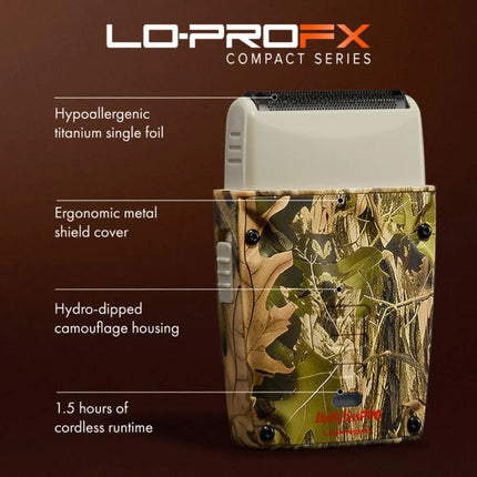 Camouflage electric shaver with features listed on a brown background, featuring the LO-PRO FX brand.
