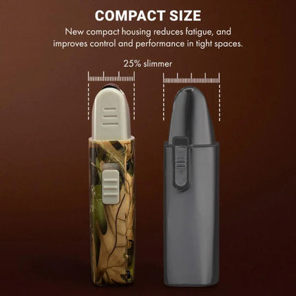 BaBylissPRO Camo LO-PROFX Compact Single-Foil Shaver (Limited Edition) Two vape devices with a ruler showing a 25% slimmer size on a brown background.