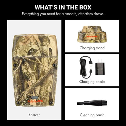 BaBylissPRO Camo LO-PROFX Compact Single-Foil Shaver (Limited Edition) Camouflage electric shaver with charging stand, cable, and cleaning brush on a white background.
