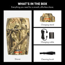 BaBylissPRO Camo LO-PROFX Compact Single-Foil Shaver (Limited Edition) Camouflage electric shaver with charging stand, cable, and cleaning brush on a white background.