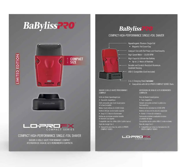 Front and back views of the BaBylissPRO Lo-ProFX Compact Series single-shaver packaging on a white background. The box is dark gray with a red and black shaver pictured on the front, and the back shows product specifications and features.