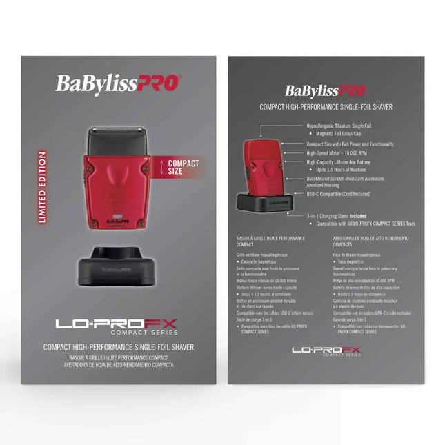 Front and back views of the BaBylissPRO Lo-ProFX Compact Series single-shaver packaging on a white background. The box is dark gray with a red and black shaver pictured on the front, and the back shows product specifications and features.