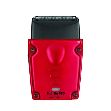 A red and black Babyliss Pro LD-ProX electric shaver shown from the back, featuring a metallic red casing with a black shaving head, photographed on a solid white background.