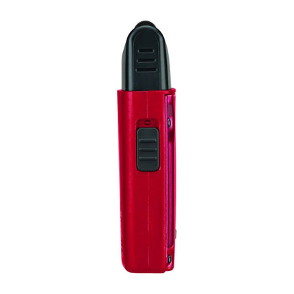 A red personal alarm with a black mouthpiece and a black side button, shown vertically against a plain white background.