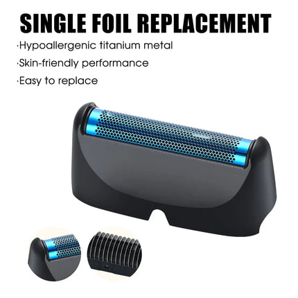 Single replacement foil head for an electric shaver, shown in black with a bright blue metallic cutting element. The image includes marketing text at the top and two smaller inset views at the bottom showing close-ups of the product.