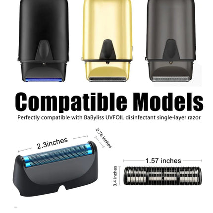 Three views of a disposable single-layer UVFOIL disinfectant razor, including black and gold versions, with text indicating compatibility with BaByliss UVFOIL and dimension labels showing 2.3 inches, 1.