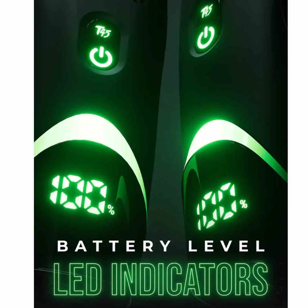 "High-capacity lithium-ion battery indicator screen lit up on the BaBylissPRO x Tomb45 Wireless Charging Trimmer"
