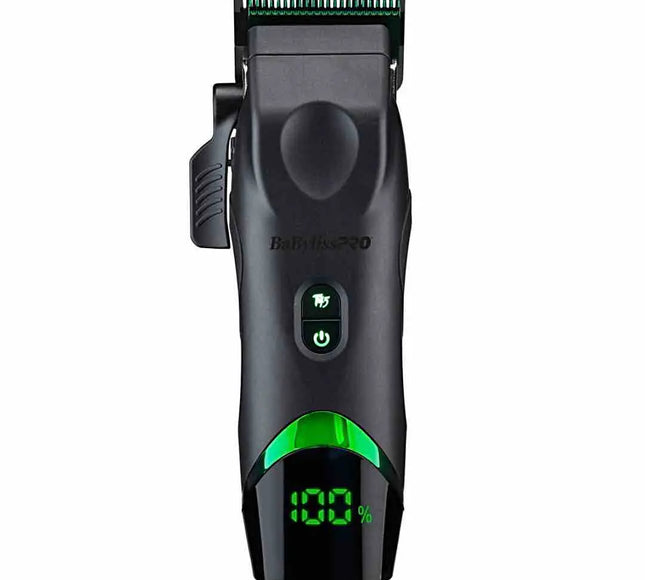 "Front angle view of the BabylissPRO x Tomb45 Wireless-Charging Clipper showing its sleek design."
