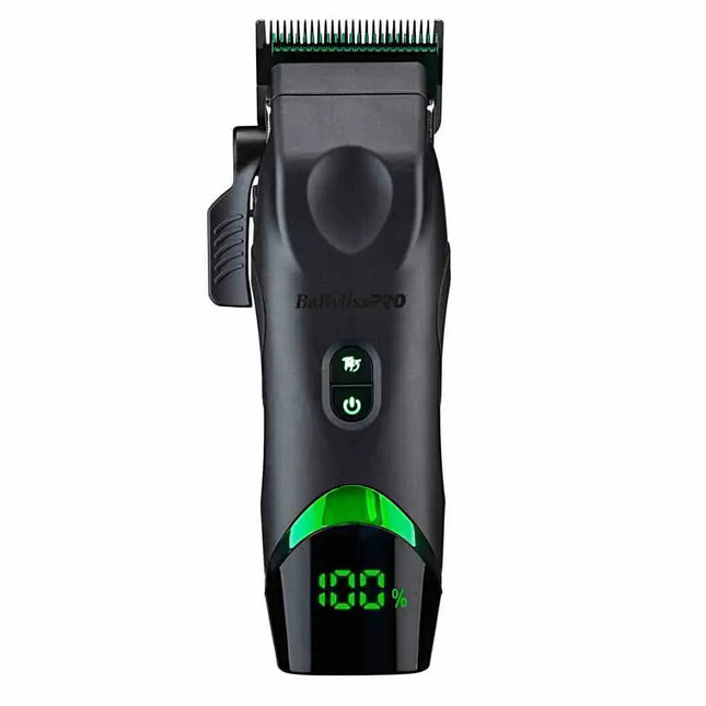 BaBylissPRO x Tomb45 Wireless Charging Clipper & Trimmer Set Black and green hair trimmer with digital display on a white background