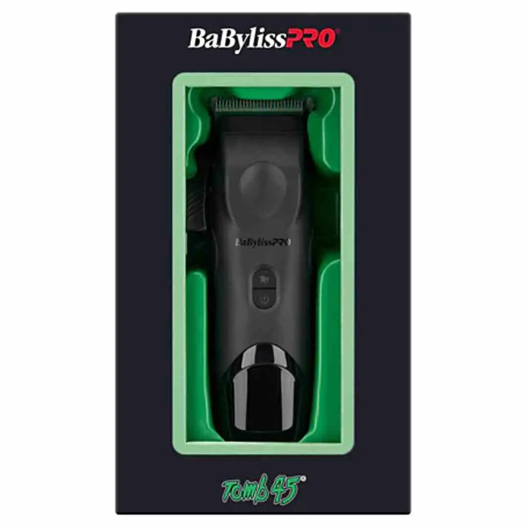 "Packaging of the BabylissPRO x Tomb45 Wireless-Charging Clipper, highlighting key product features."