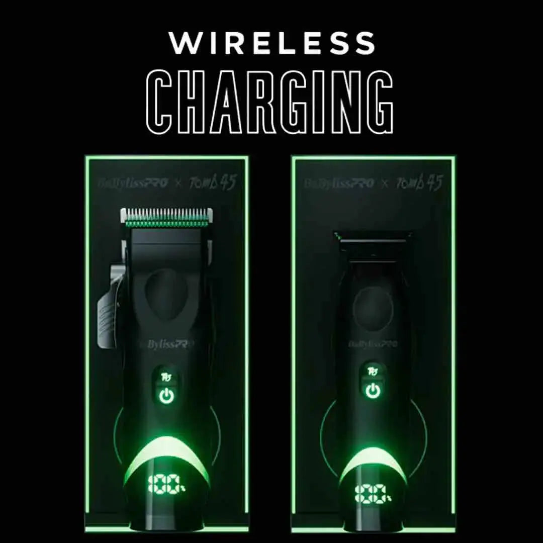 "BaBylissPRO x Tomb45 Wireless Charging Trimmer resting on a wireless charging pad"
