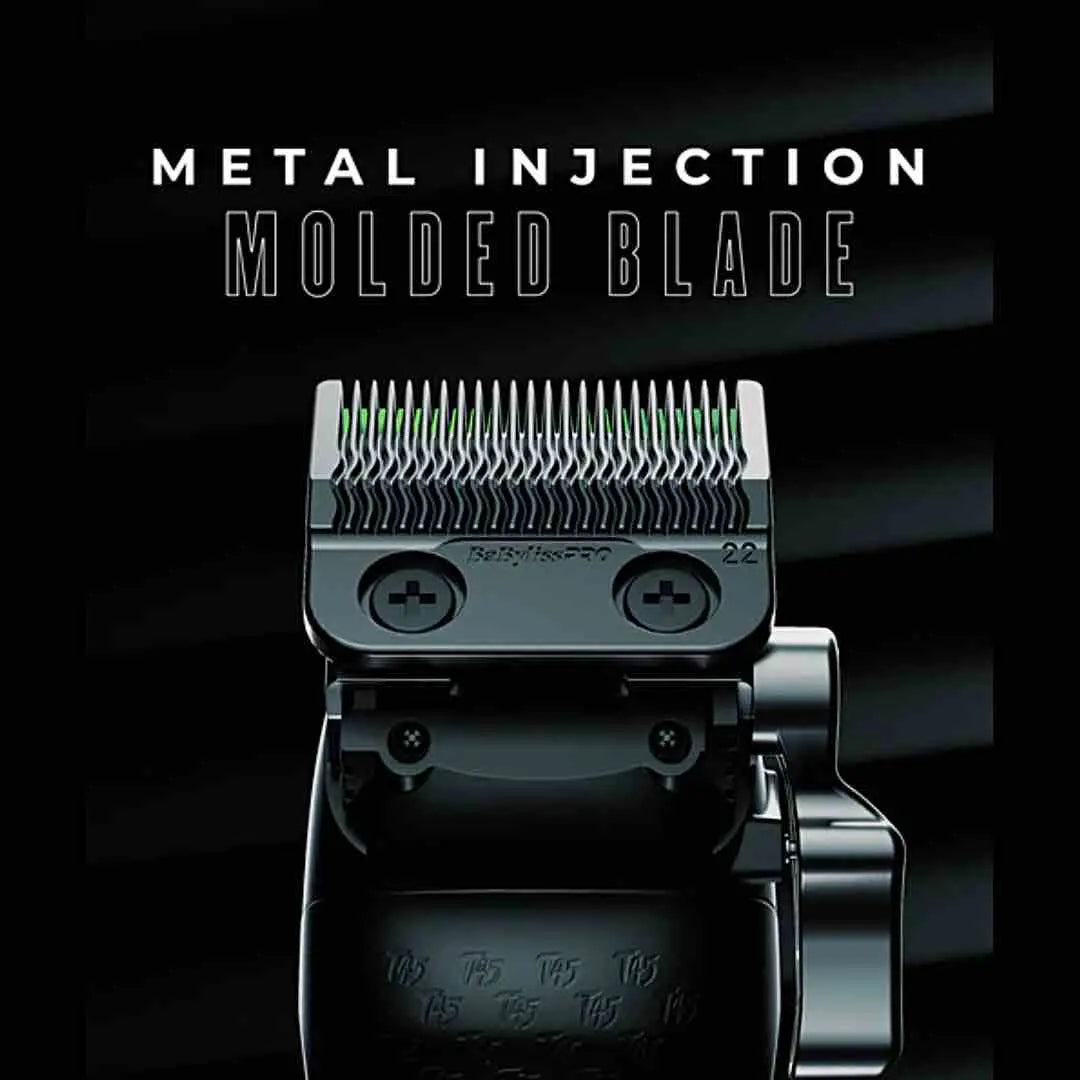 "Close-up of the black titanium MIM fade blade on the BabylissPRO x Tomb45 Clipper for ultra-precise cutting."
