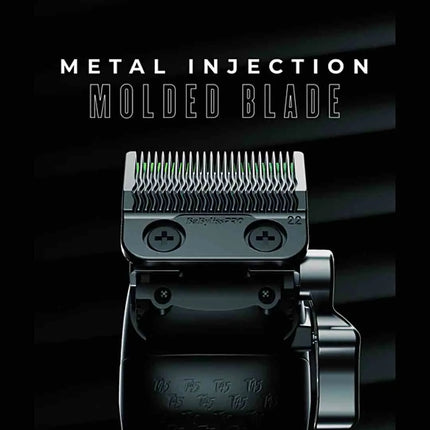 "Close-up of the black titanium MIM fade blade on the BabylissPRO x Tomb45 Clipper for ultra-precise cutting."
