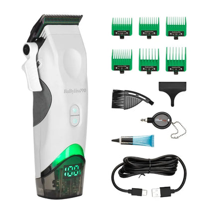 BaBylissPRO Tomb45 White Wireless shown with multiple green guide combs, a black comb attachment, a black cleaning brush, a blue-and-white tube, a black USB charging cable, and a black retractable storage case on a white background.
