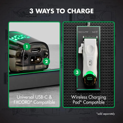 Promotional graphic showing aBaBylissPRO Tomb45 White Wireless charging pad with three charging methods labeled 1, 2, and 3. The left panel shows the clipper's USB-C port, and the right panel shows the clipper mounted on a black textured wireless charging pad.