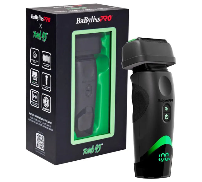 Babyliss Pro x Reddy9 electric beard trimmer shown next to its black retail box on a white background. The trimmer is matte black with green LED accents and a green power button, and the packaging features a large green window frame.