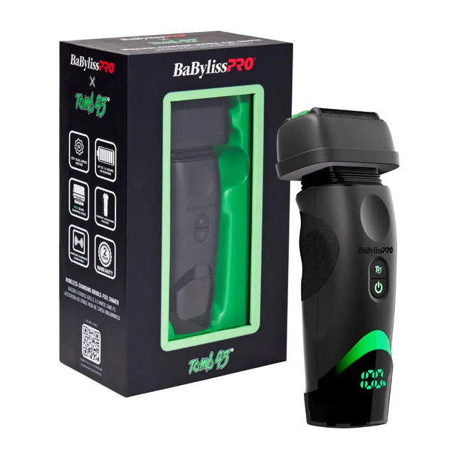 Babyliss Pro x Reddy9 electric beard trimmer shown next to its black retail box on a white background. The trimmer is matte black with green LED accents and a green power button, and the packaging features a large green window frame.