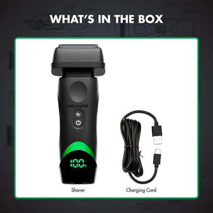 A black Babylisspro tomb45 Shaver shown with a black USB charging cord on a white card, with the text 'WHAT'S IN THE BOX' above and labels 'Shaver' and 'Charging Cord' below.