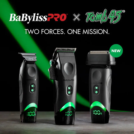 Three BaBylissPRO grooming devices displayed side by side on a dark studio background with green lighting and the text 'BaBylissPRO x Tomb 45' and 'TWO FORCES. ONE MISSION.
